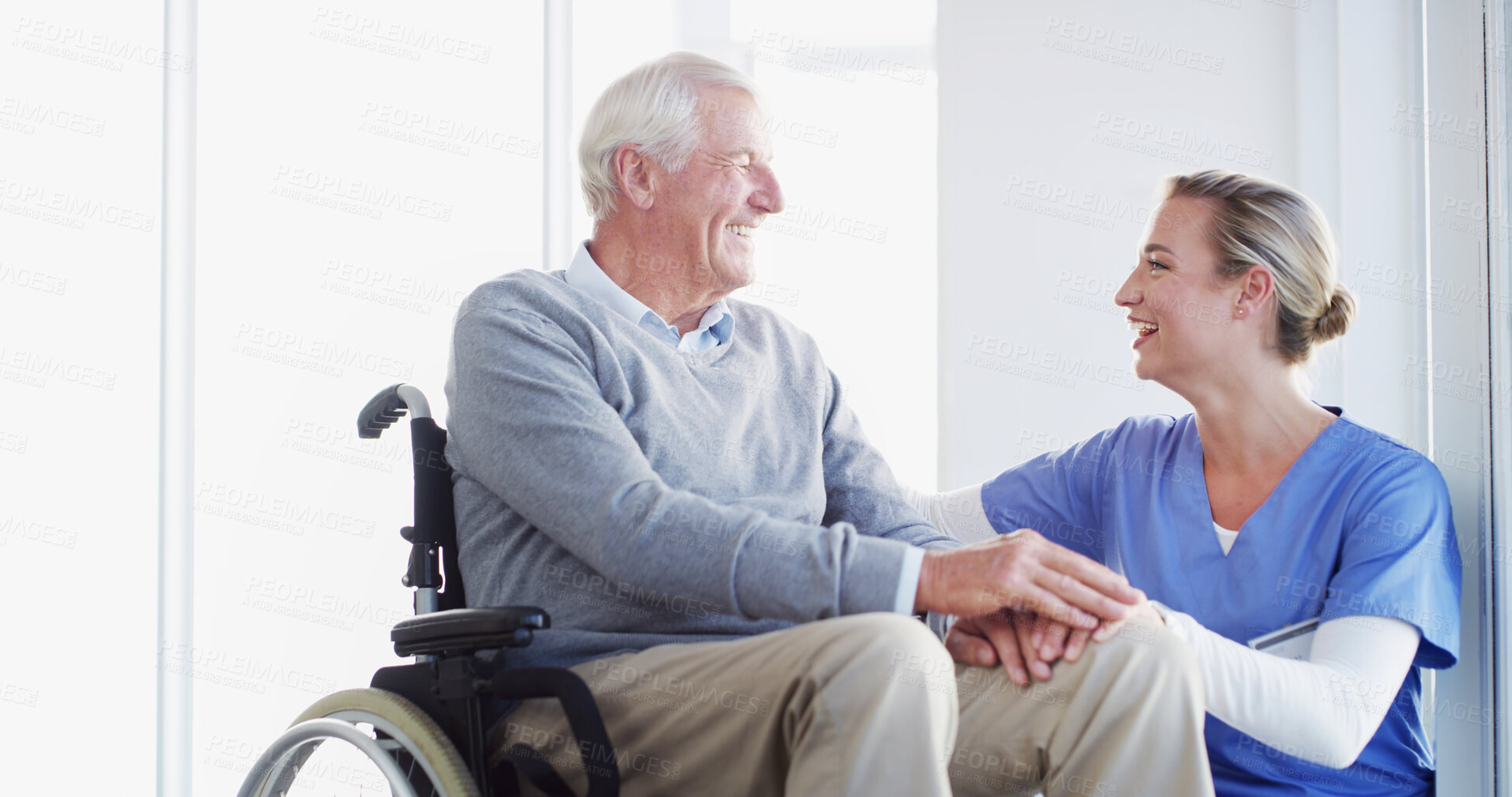Buy stock photo Happy nurse, elderly patient or wheelchair with healthcare, support or helpful assistance at hospital. Senior, caregiver or doctor with smile for assisted living or person with a disability at clinic