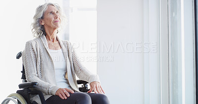 Buy stock photo Thinking, wheelchair and senior woman in home with reflection, dementia or hope for rehabilitation. Retirement, vision and elderly person with disability, nostalgia and remember past memory by window