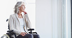Planning, wheelchair and elderly woman in home with reflection, dementia or hope for rehabilitation. Retirement, thinking or senior person with disability, nostalgia or remember past memory by window