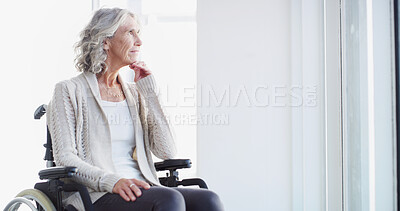 Buy stock photo Memory, wheelchair and elderly woman in home with reflection, dementia or hope for rehabilitation. Retirement, thinking or senior person with disability, nostalgia or remember past by window in house