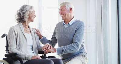 Buy stock photo Holding hands, support and senior couple with wheelchair for bonding, empathy and trust. Retirement home, marriage and happy mature man and woman together for compassion, care or loving relationship
