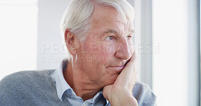 Buy stock photo Retirement, senior man and thinking in home with past memory, reflection and remember old life. Window, view and elderly person with nostalgia, peaceful and daydreaming for insight, relax and calm