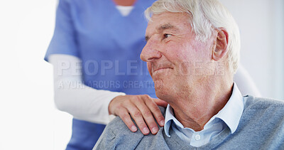 Buy stock photo Happy man, elderly patient or nurse with help for healthcare, support or assistance at hospital. Senior, male person or smile with caregiver or doctor for assisted living at retirement home or clinic