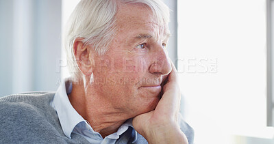Buy stock photo Retirement, senior man and thinking at window with past memory, reflection and alzheimer. Home, space and calm elderly person with nostalgia, peaceful and daydreaming for insight, relax and dementia