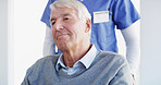 Man, elderly patient or nurse with wheelchair for healthcare, support or assistance at hospital. Senior, male person or caregiver with doctor or person with a disability for assisted living or aid