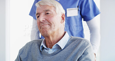Buy stock photo Man, elderly patient or nurse with wheelchair for healthcare, support or assistance at hospital. Senior, help or caregiver with doctor or person with a disability for assisted living or aid at clinic