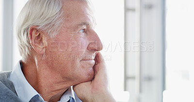 Buy stock photo Retirement, senior man and thinking of memory in home with  reflection, nostalgia and remember. Window, space and elderly person with daydreaming, peaceful and wondering for insight, lonely and calm
