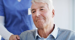 Senior man, elderly patient or nurse with wheelchair for healthcare, support or assistance at hospital. Face, caregiver or doctor and person with a disability for assisted living or aid at clinic