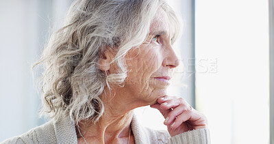 Buy stock photo Thinking, retirement and elderly woman in home with reflection, idea and hope by window for view. Dementia, vision and senior person with alzheimer, nostalgia and remember past memory with peace
