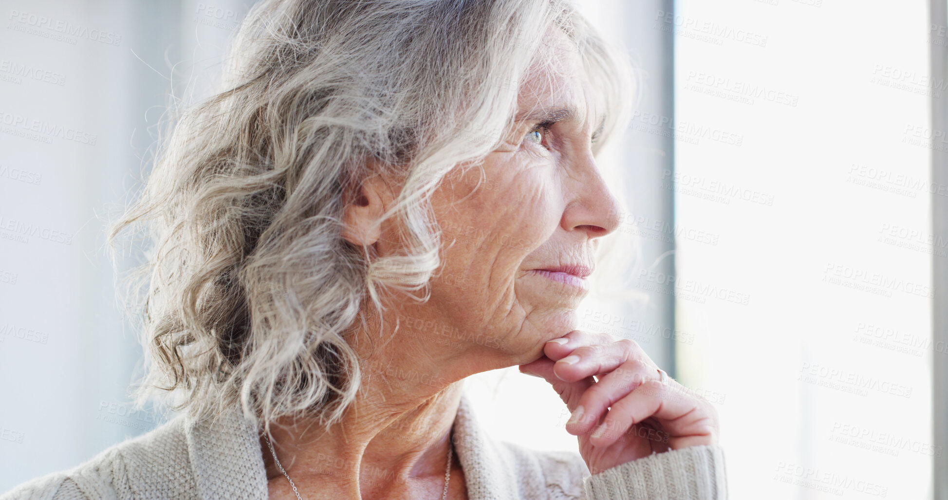 Buy stock photo Thinking, retirement and elderly woman in home with reflection, idea and hope by window for view. Dementia, vision and senior person with alzheimer, nostalgia and remember past memory with peace