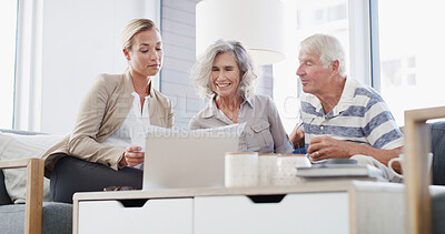 Buy stock photo Senior couple, contract or financial advisor with document for retirement plan, annuity or insurance in home. Elderly, people or accountant reading paperwork for discussion on pension funds or assets