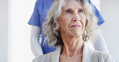 Buy stock photo Nurse, senior woman and thinking in retirement with rehabilitation, healthcare support and wellness. Caregiver, person and contemplating in nursing home for elderly care, recovery or dementia patient