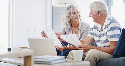 Buy stock photo Senior, happy couple and documents with laptop for financial planning, profit or retirement annuity on sofa. Elderly man, woman or house with computer or paperwork for pension fund or home insurance