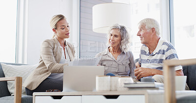 Buy stock photo Senior couple, financial advisor and documents with laptop for retirement plan, annuity or insurance on sofa. Elderly man, woman or accountant with paperwork for discussion on pension funds or assets
