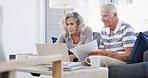 Home, senior couple and documents with laptop for financial management, budget and retirement plan. Sofa, man and woman with digital for review, online savings and investment with paperwork in house