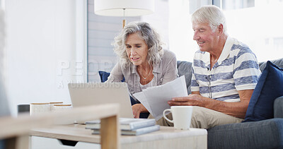 Buy stock photo Home, senior couple and documents with laptop for financial management, budget and retirement plan. Sofa, man and woman with digital for review, online savings and investment with paperwork in house
