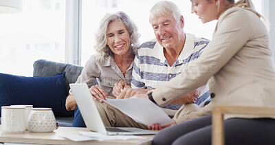 Buy stock photo Senior couple, accountant and documents with laptop for retirement plan, annuity or insurance on sofa. Elderly man, woman or financial advisor with paperwork for discussion on pension funds or assets