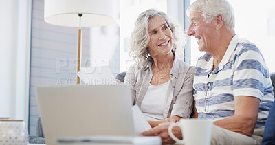 Buy stock photo Sofa, senior couple and paperwork with laptop for financial management, laughing and retirement plan. Home, man and woman with digital for review, online savings and investment with document in house