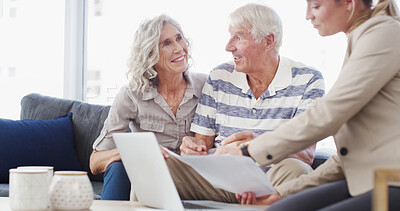 Buy stock photo Senior, happy couple or documents with financial advisor or laptop for retirement plan, annuity or insurance. Elderly man, woman or accountant with paperwork for discussion on pension funds or assets