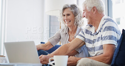 Buy stock photo Happy, old couple and laptop on couch for budget, financial management and retirement plan. Senior people, man and woman with laugh for reading, review insurance policy and online investment at home