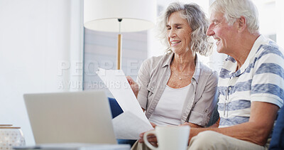 Buy stock photo Laptop, old couple and document on couch for budget, financial management and retirement plan. Senior people, man and woman with laugh for reading, review insurance policy or investment paper at home