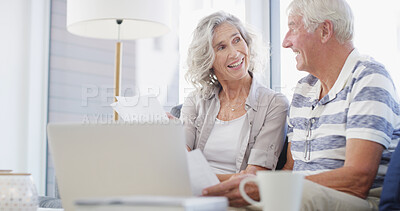 Buy stock photo Discussion, old couple and paperwork on sofa for budget, financial management or retirement plan. Senior people, man and woman with document for pension, insurance policy or smile with laptop at home