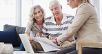 Happy, elderly couple or documents with financial advisor or laptop for retirement plan, annuity or insurance. Senior man, woman or accountant with paperwork for discussion on pension funds or assets
