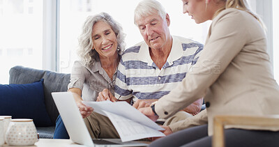 Buy stock photo Happy, elderly couple or documents with financial advisor or laptop for retirement plan, annuity or insurance. Senior man, woman or accountant with paperwork for discussion on pension funds or assets