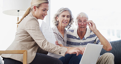 Buy stock photo Senior couple, contract or financial advisor with laptop for retirement plan, annuity or insurance in home. Elderly man, woman or accountant with paperwork for discussion on pension funds or assets