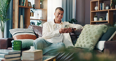 Buy stock photo Sofa, laugh and man with smartphone for chat, online communication and text on dating website. Home, male person and reading with mobile for application, message and meme on social media in lounge