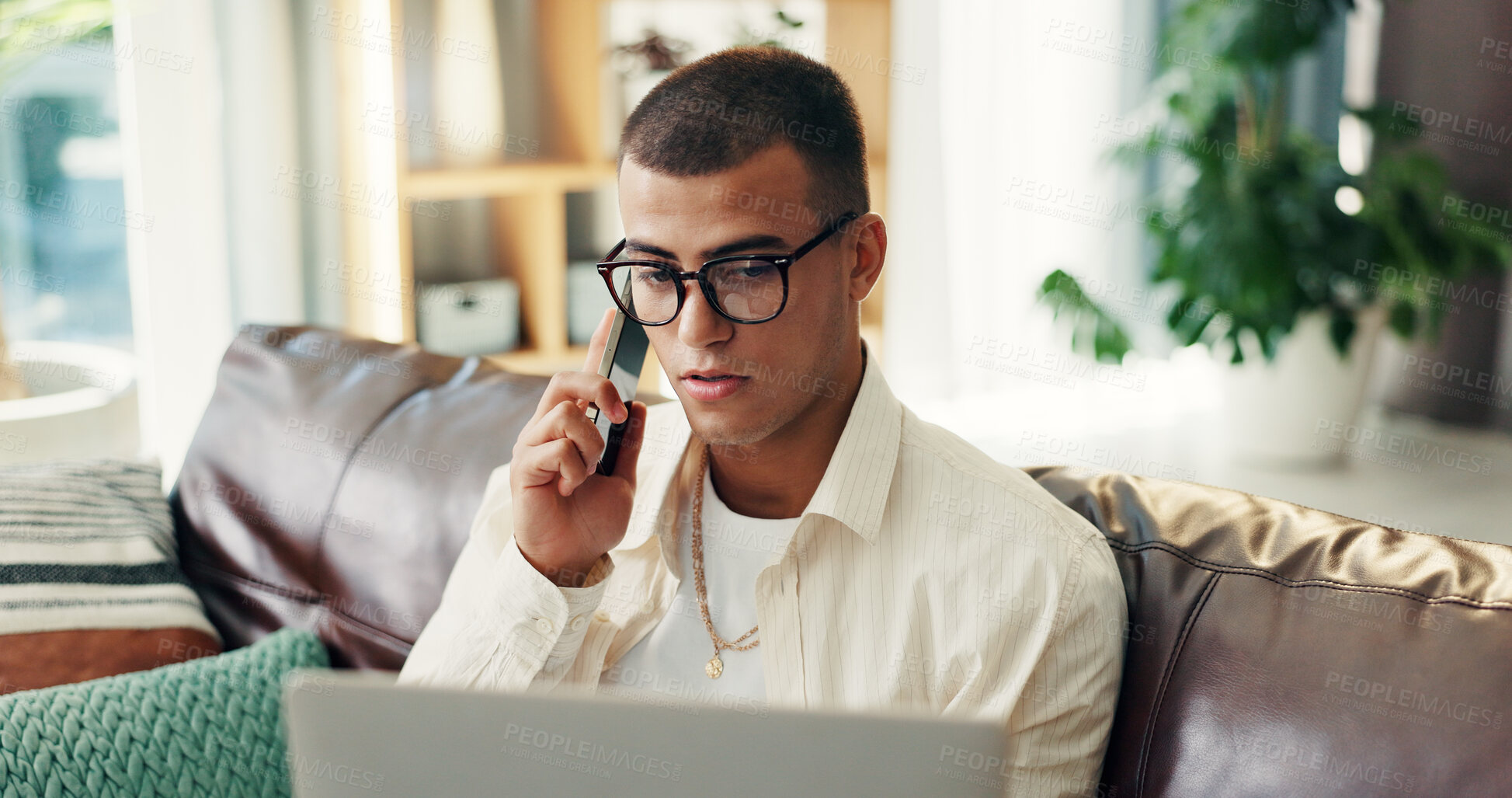 Buy stock photo Man, laptop and phone call on sofa in home for customer inquiry, online service and help with banking app. Contact, person and technical support for digital finance, website assistance and networking