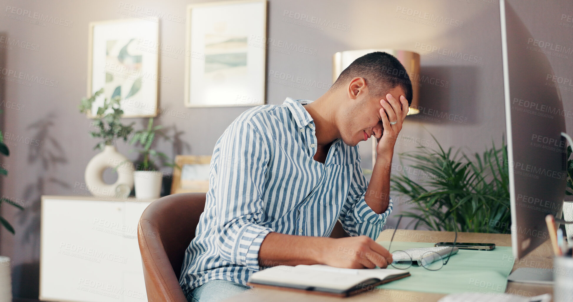 Buy stock photo Frustrated man, headache or glasses with computer for eye strain, mistake or deadline at home. Tired, male person or freelancer with migraine, vertigo or stress for overworked tasks or failed project