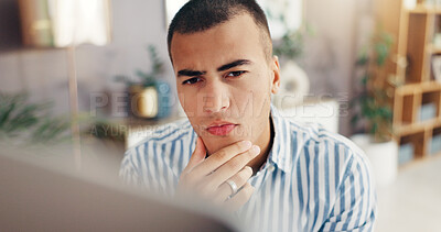 Buy stock photo Man, thinking and home with computer for decision, choice or planning creative solution. Face, male person or thoughtful freelancer in remote work with technology for software update or schedule