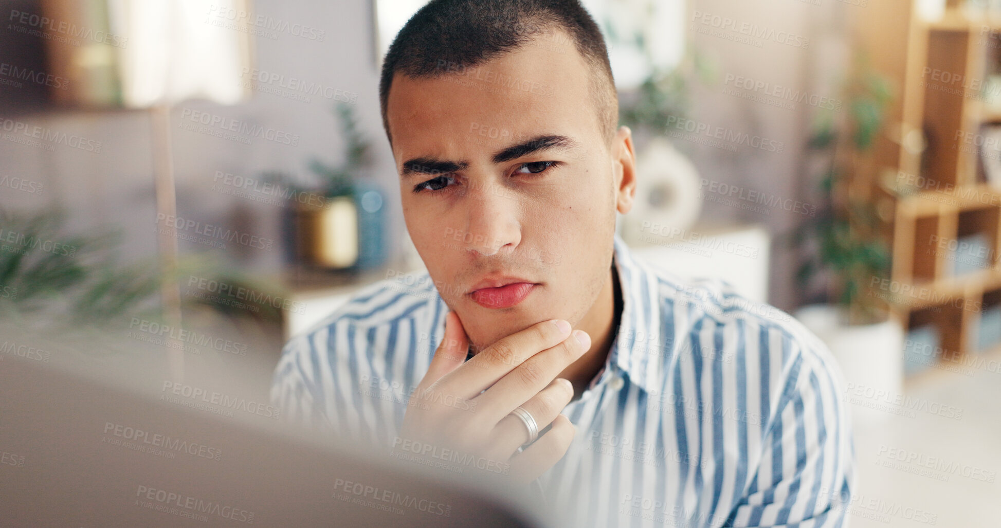 Buy stock photo Man, thinking and home with computer for decision, choice or planning creative solution. Face, male person or thoughtful freelancer in remote work with technology for software update or schedule