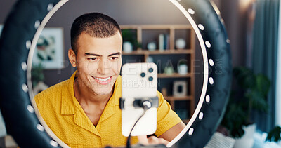 Buy stock photo Man, influencer and smile with ring light in home for live streaming, video or post on social network. Person, selfie and happy with broadcast for chat, audience and mobile app for content creation