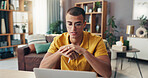 Laptop, man and video call with home office, reading and remote work for startup business. Event planning, design and research with feedback for freelance employee in apartment with idea or proposal