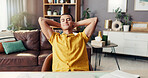Student, man and relax with stretching in home for productive learning, easy project and finished studying. Education, person and happy for assignment break, resting and done with college assessment