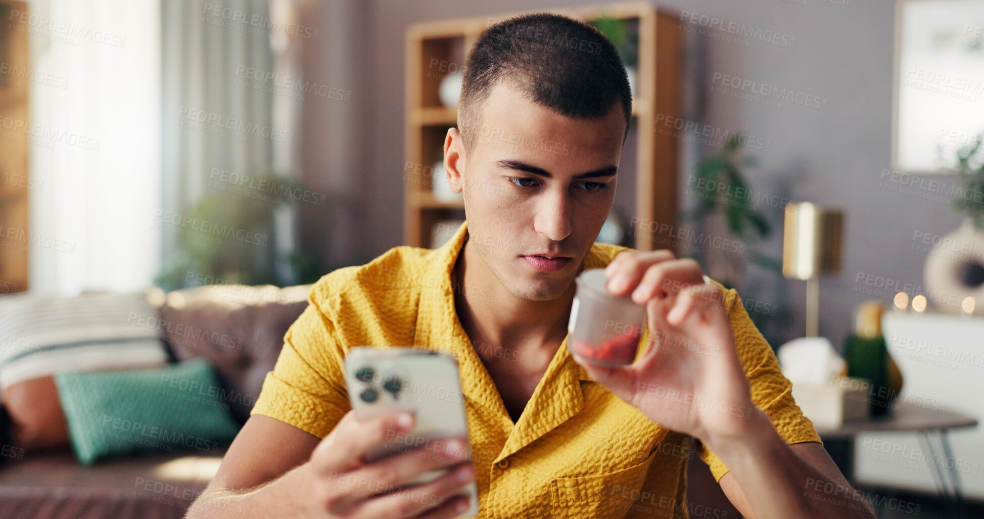 Buy stock photo Medicine, man and phone internet with pills search for dosage instructions, health symptoms or treatment info. FAQ, smartphone and mobile app for healthcare benefits, website or prescription reminder