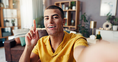 Buy stock photo Happy man, portrait and idea with selfie for video recording, online tutorial or content creation at home. Male person, influencer or smile with pov for social media, post or communication at house