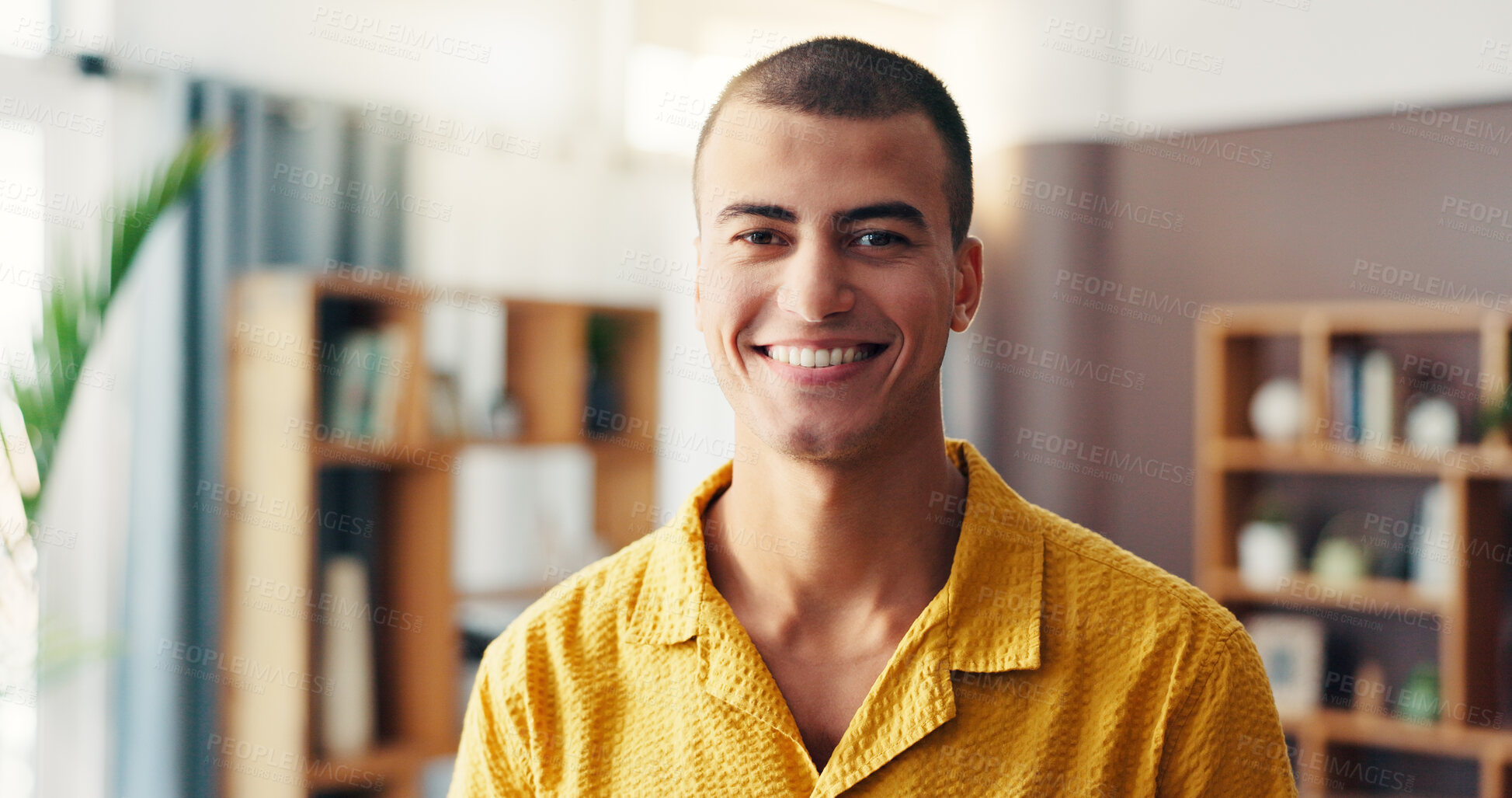 Buy stock photo Home, portrait and smile with man in living room on weekend for rest or time off as student. Holiday, relax and wellness with confident or happy person in apartment for college or university break