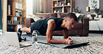 Man, laptop and plank for exercise on floor, online course or balance with strong core muscle in home. Person, computer and virtual class for fitness, workout or training for abs with growth in house