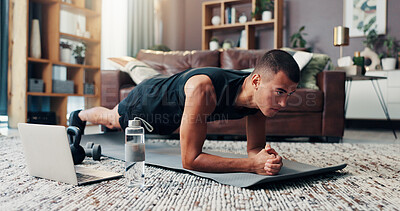Buy stock photo Man, laptop and plank for exercise on floor, online course or balance with strong core muscle in home. Person, computer and virtual class for fitness, workout or training for abs with growth in house