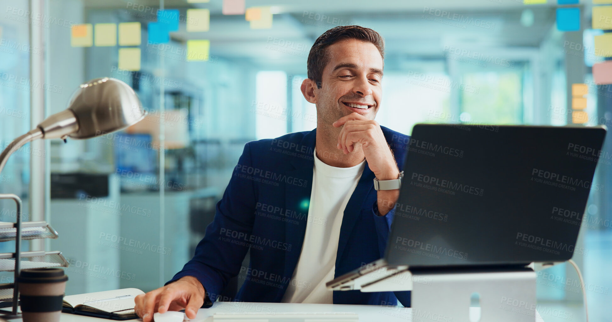 Buy stock photo Business, laptop and man with smile, thinking and planning for project, research and problem solving. Person, employee and consultant in workplace, sales agency and PC for website info and decision