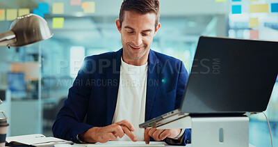 Buy stock photo Creative, journalism or man on laptop in office for editor feedback, news publication or positive review. Business, happy journalist or smile at media press agency for story, editing or proofreading