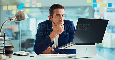 Buy stock photo Business, laptop and man with internet, thinking and planning for project, decision and problem solving. Person, employee or consultant with idea, sales agency and computer for website info or choice