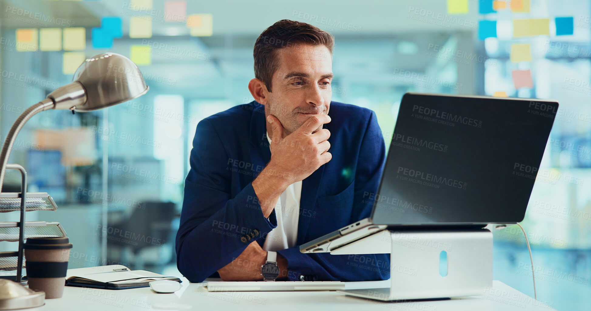 Buy stock photo Business, laptop and man with internet, thinking and planning for project, decision and problem solving. Person, employee or consultant with idea, sales agency and computer for website info or choice