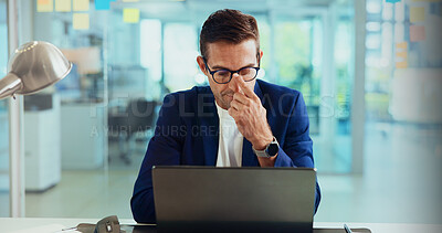 Buy stock photo Office, businessman and laptop with glasses for reading, clear vision and research for news story. Career, male person and journalist from creative agency with eyewear, editing and digital for blog