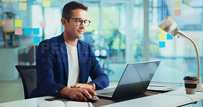 Buy stock photo Business, laptop and man in office, planning and problem solving for project, creativity and connection. Person, employee and consultant in workplace, sales agency and pc for website info or thinking