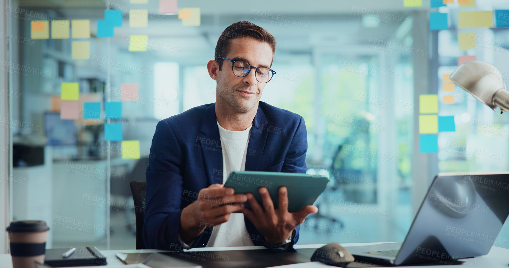Buy stock photo Business, tablet and man in office, planning and connection with social media. Person, profile and employee in workplace, digital app or productivity with website info, email for approval or internet