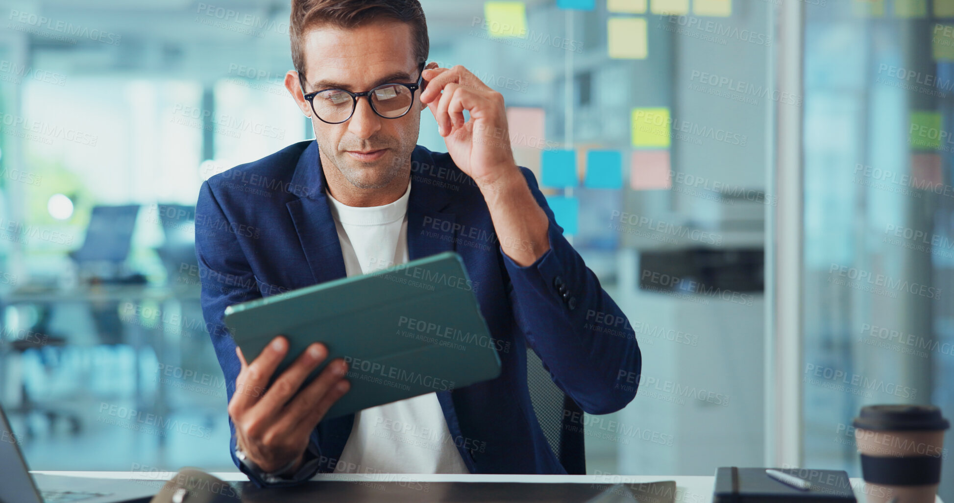 Buy stock photo Business, tablet and man in office, online reading and connection with email for approval. Person, internet and journalist with tech, digital app and productivity with website info or magazine editor